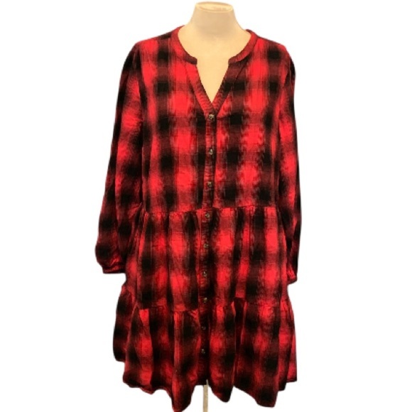Time and Tru Red + Black Plaid Long Sleeve Mini Dress | 100% Cotton | Size 22 - Picture 7 of 9
